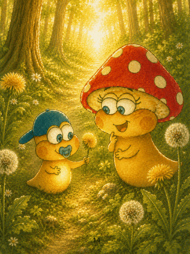 Tiny and Milli discover dandelions in the sunlit forest