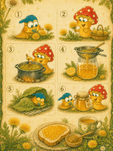 The illustrated recipe page showing Tiny and Milli making dandelion honey