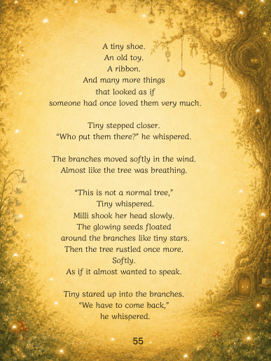 The matching English story page about the mysterious tree