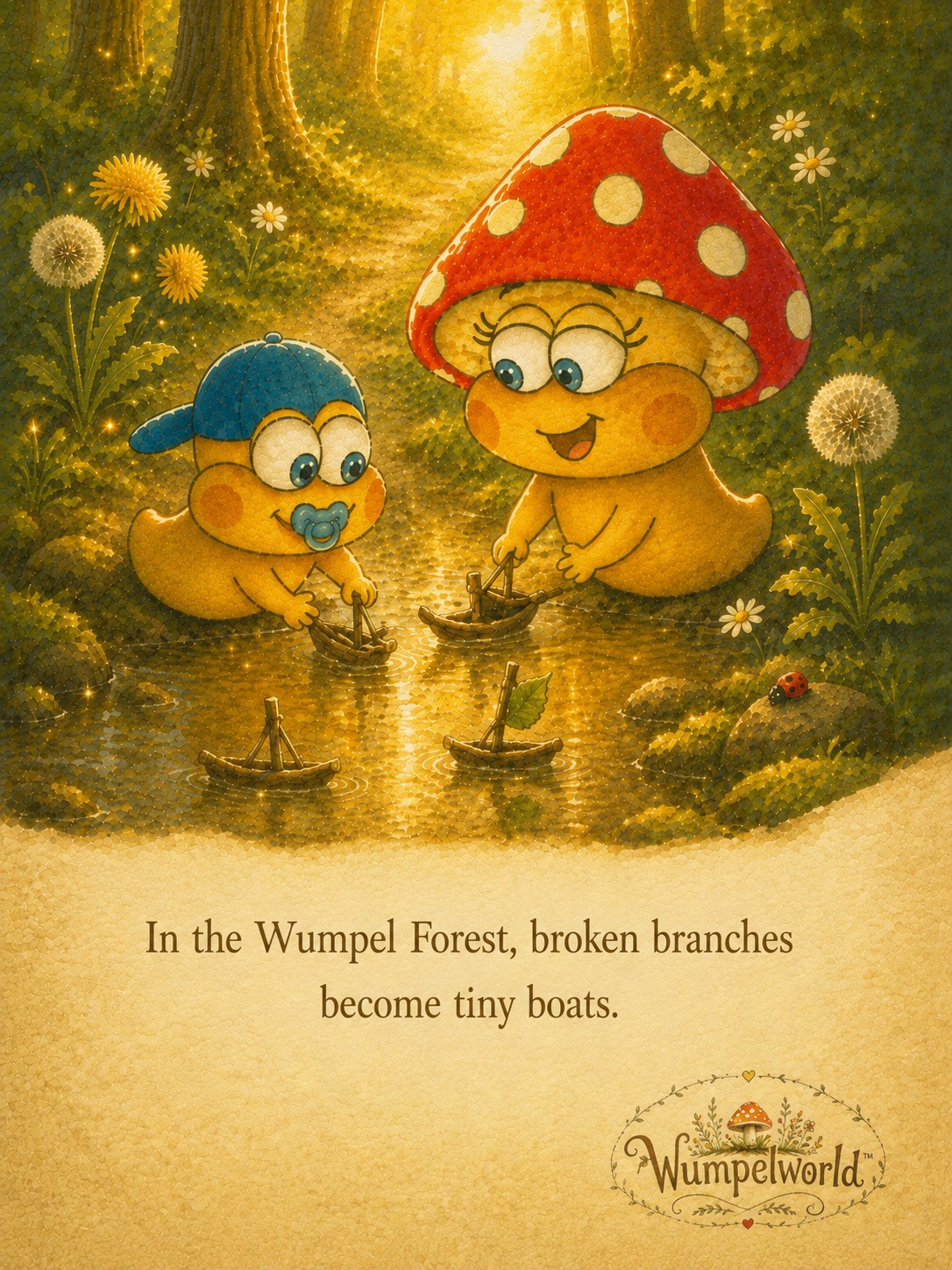 Milli and Tiny making tiny leaf boats in the Wumpel Forest