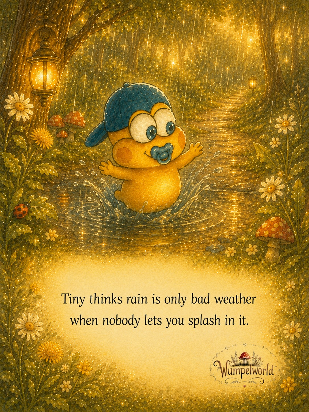 Tiny happily splashing in a puddle